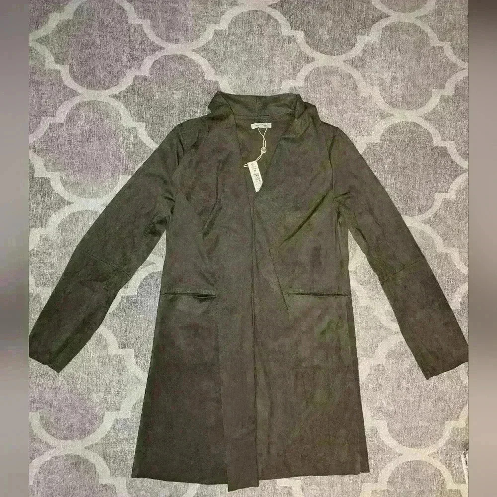 Max Studio Olive Green Faux Suede Coat Size M Faux Leather Weather! - Picture 4 of 9